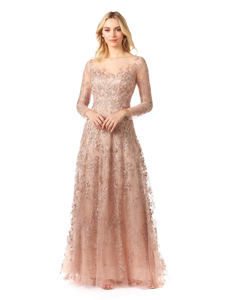 Illusion Neckline A-line Long Sleeves Gown by Lara New York — style 29677 in Blush