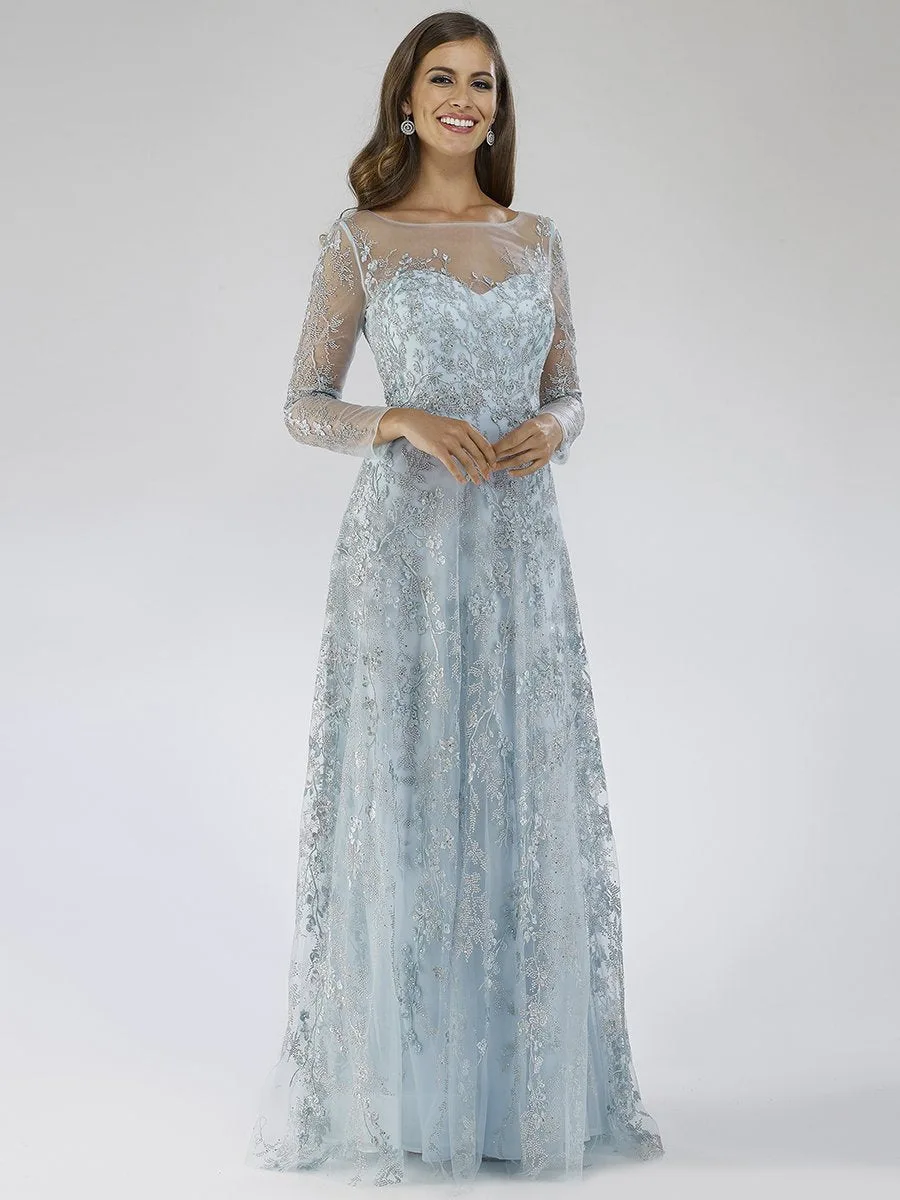 Illusion Neckline A-line Long Sleeves Gown by Lara New York — style 29677 in Seamist