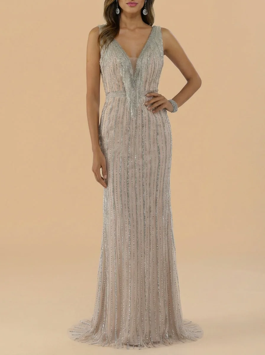 Beaded V-Neck Gown by Lara New York — style 29680 in Nude/Silver