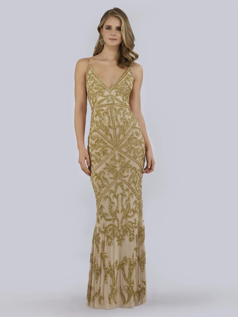 Spaghetti Strap Beaded Dress by Lara New York — style 29744 in Gold