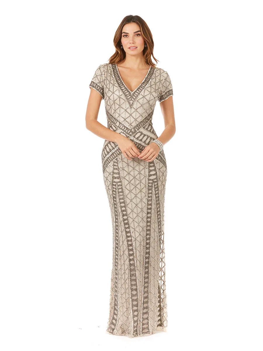 Beaded V-Neckline Dress with Cap Sleeves by Lara New York — style 29746 in Silver