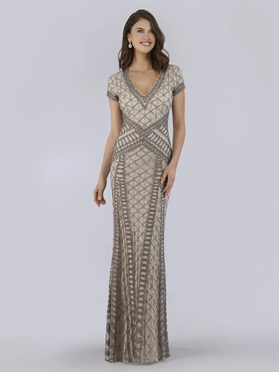 Beaded V-Neckline Dress with Cap Sleeves by Lara New York — style 29746