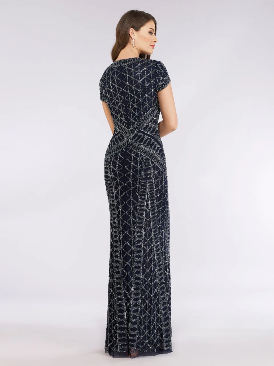 Beaded V-Neckline Dress with Cap Sleeves by Lara New York — style 29746