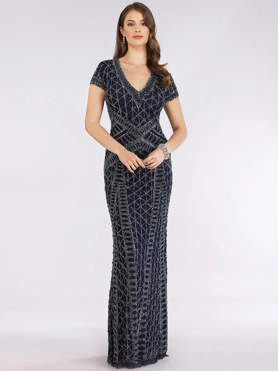 Beaded V-Neckline Dress with Cap Sleeves by Lara New York — style 29746 in Navy