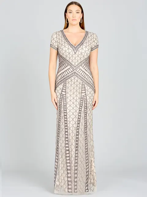 Beaded V-Neckline Dress with Cap Sleeves
