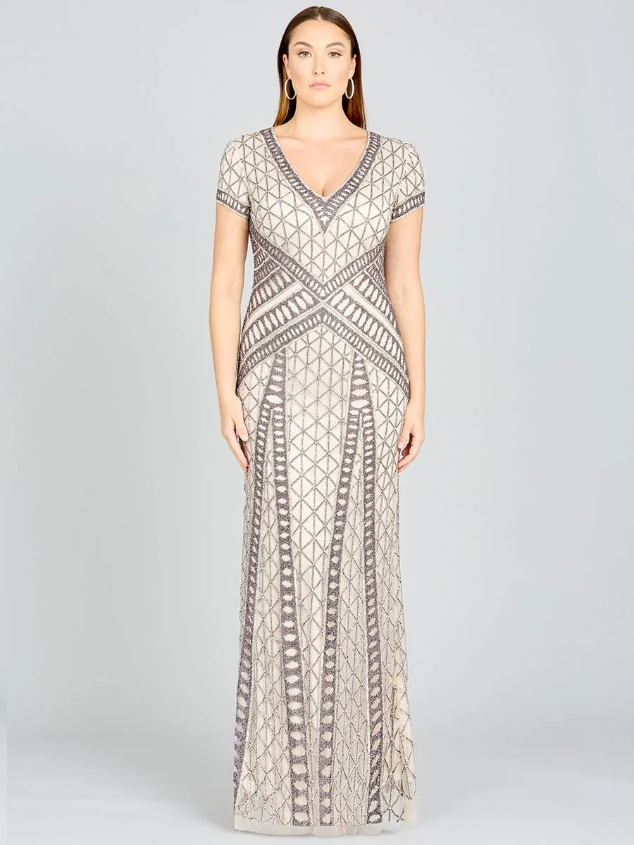 Beaded V-Neckline Dress with Cap Sleeves by Lara New York — style 29746