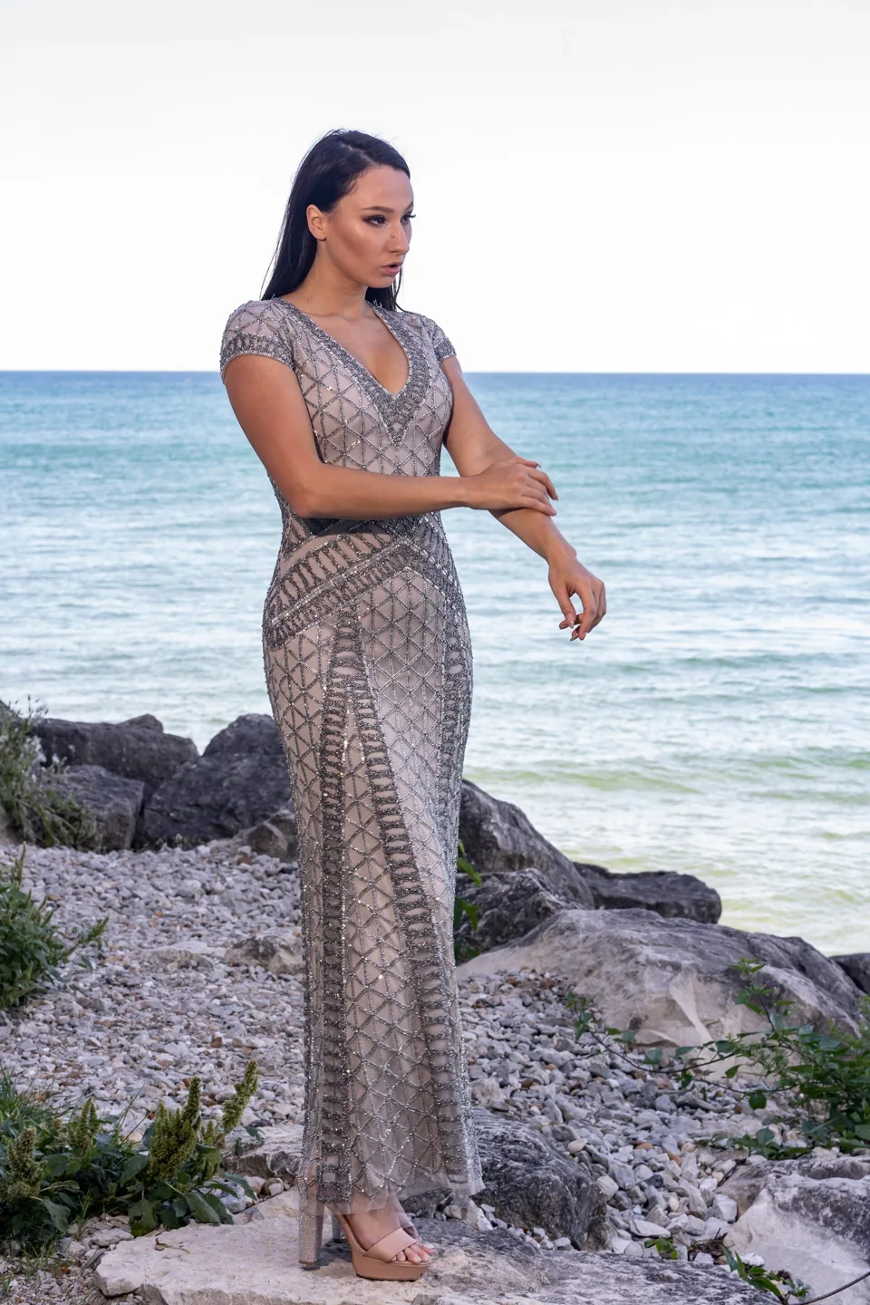 Beaded V-Neckline Dress with Cap Sleeves by Lara New York — style 29746