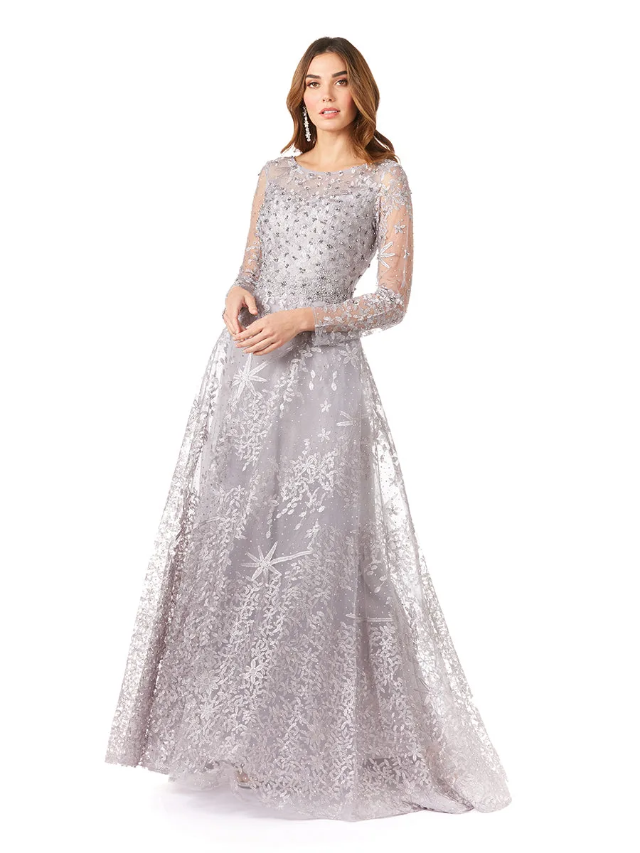 Long Sleeves Ballgown Fully Embellished by Lara New York — style 29759 in Stone