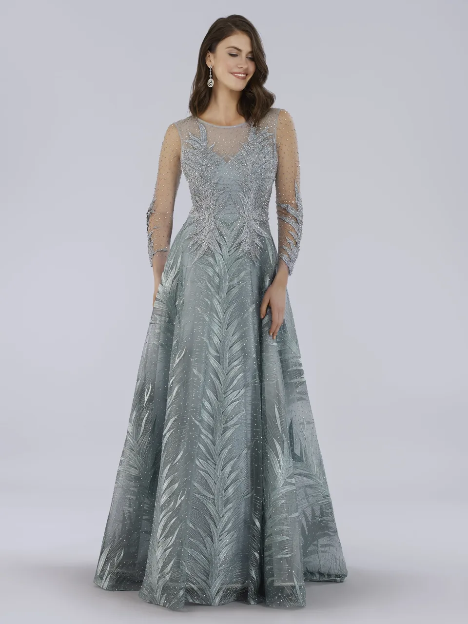 High Neck Sheer Long Sleeve Embellished Gown by Lara New York — style 29761