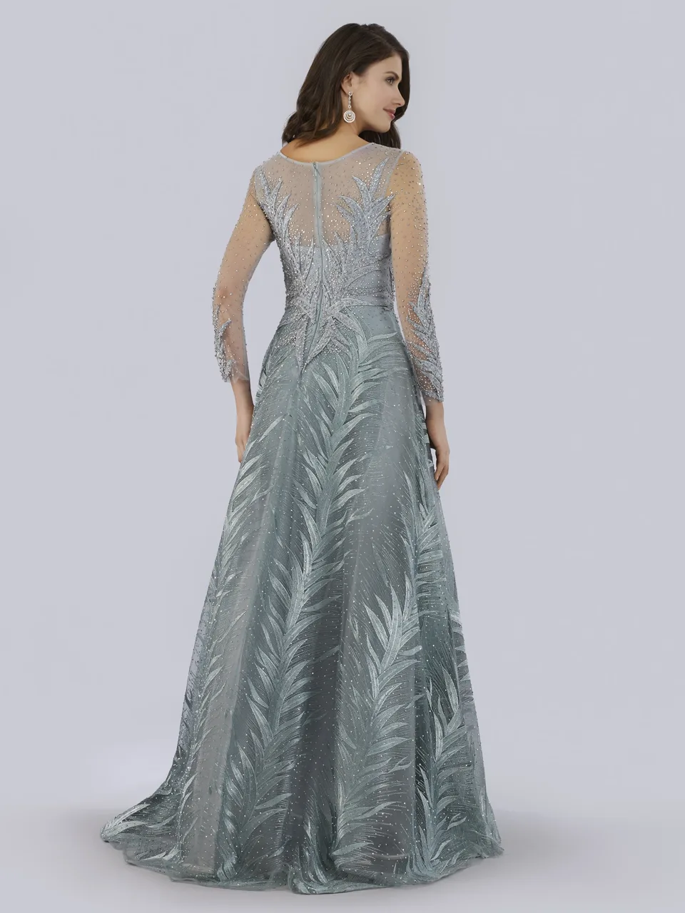 High Neck Sheer Long Sleeve Embellished Gown by Lara New York — style 29761