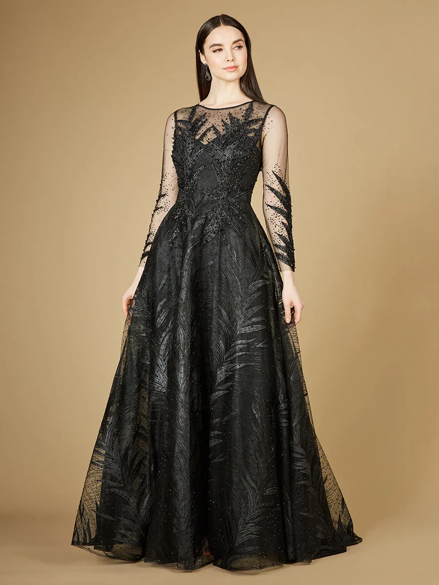 High Neck Sheer Long Sleeve Embellished Gown by Lara New York — style 29761 in Black