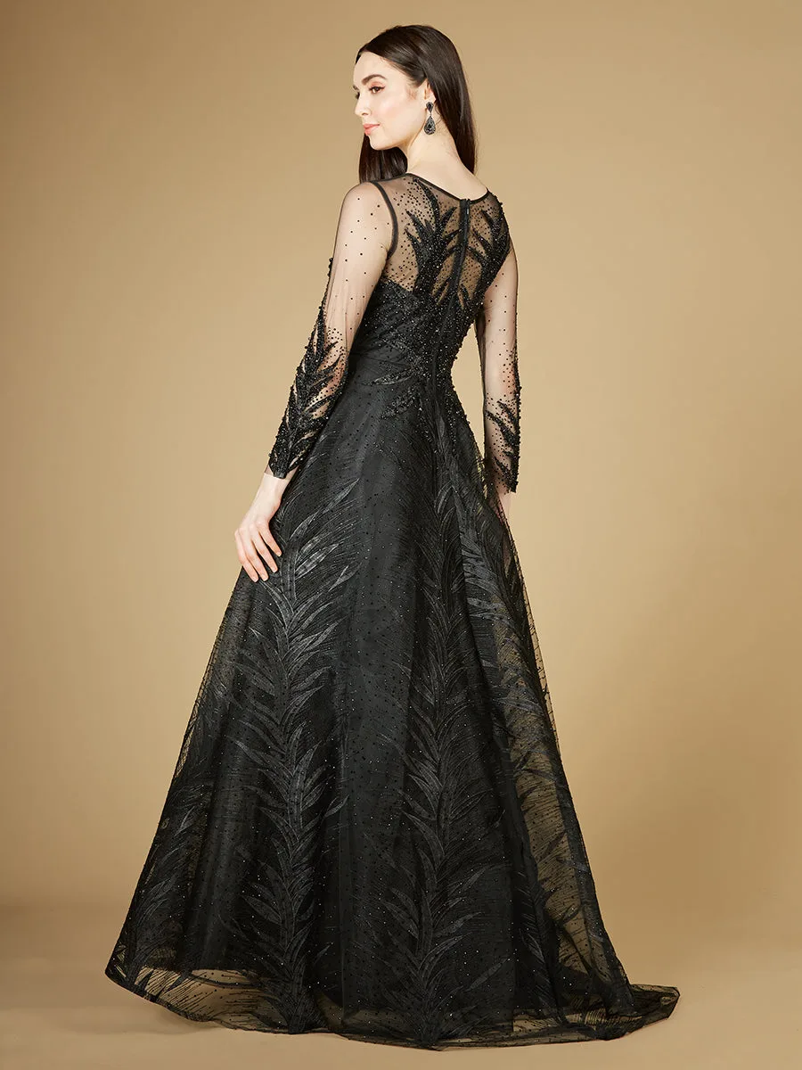 High Neck Sheer Long Sleeve Embellished Gown by Lara New York — style 29761