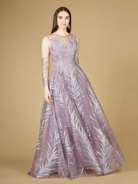 High Neck Sheer Long Sleeve Embellished Gown