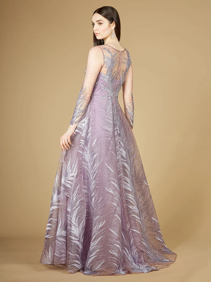 High Neck Sheer Long Sleeve Embellished Gown by Lara New York — style 29761