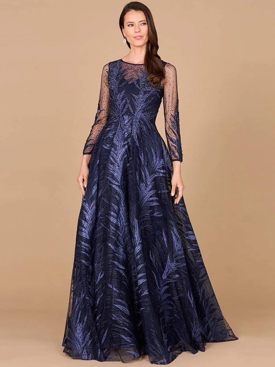 High Neck Sheer Long Sleeve Embellished Gown by Lara New York — style 29761 in Navy
