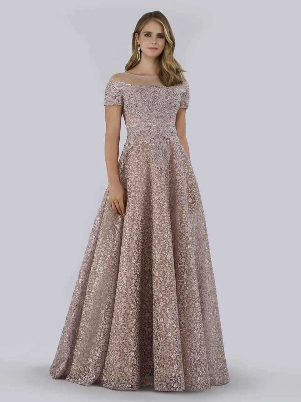 Sheer Off Shoulder Ball Gown by Lara New York — style 29765 in Mauve