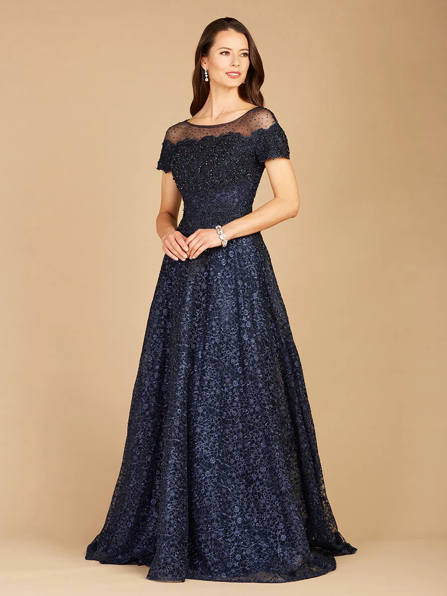 Sheer Off Shoulder Ball Gown by Lara New York — style 29765 in Navy