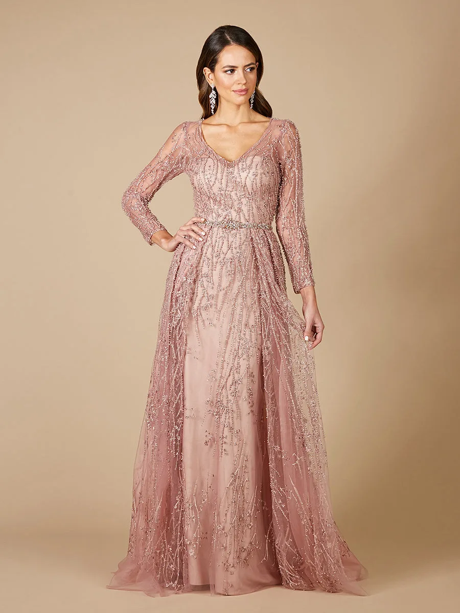 Beaded Lace Overskirt Ballgown by Lara New York — style 29782 in Dusty Rose