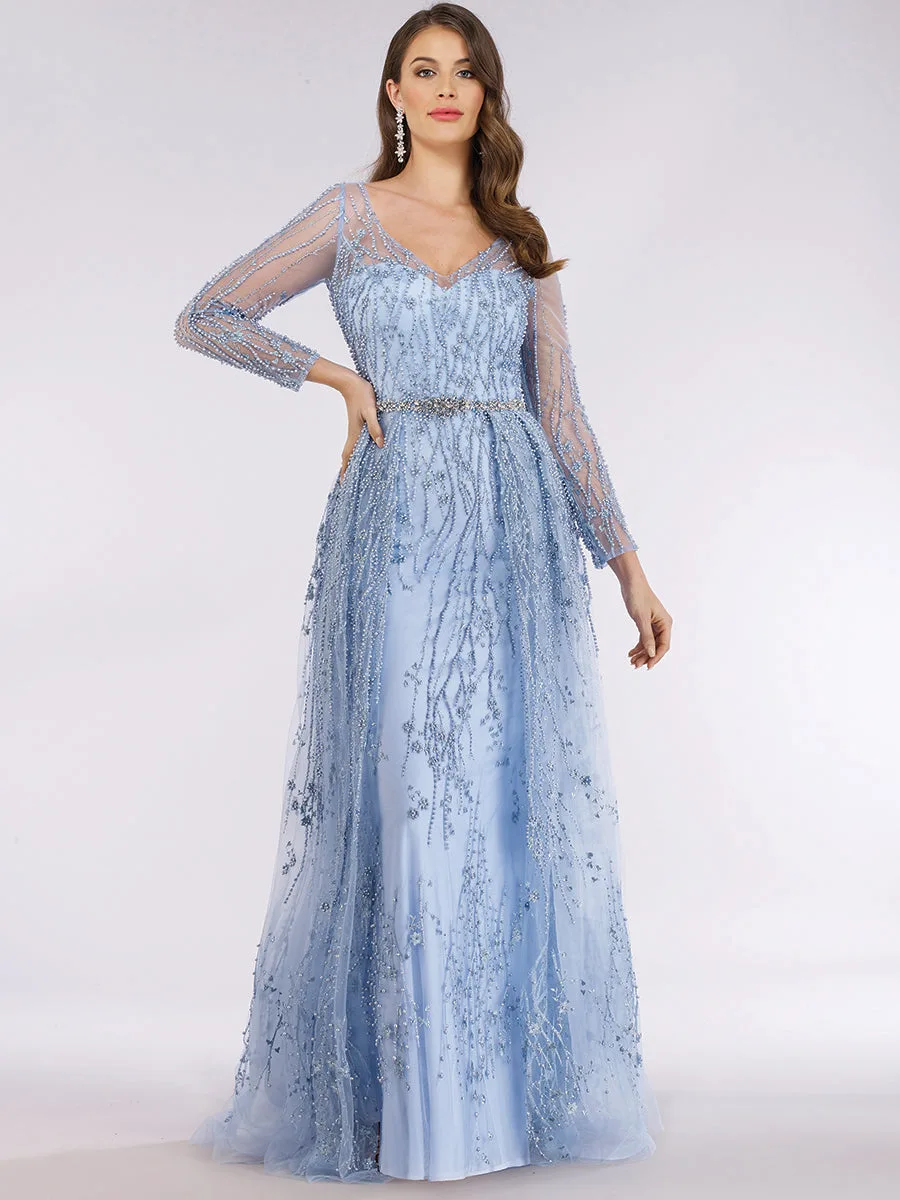 Beaded Lace Overskirt Ballgown by Lara New York — style 29782 in Dusk