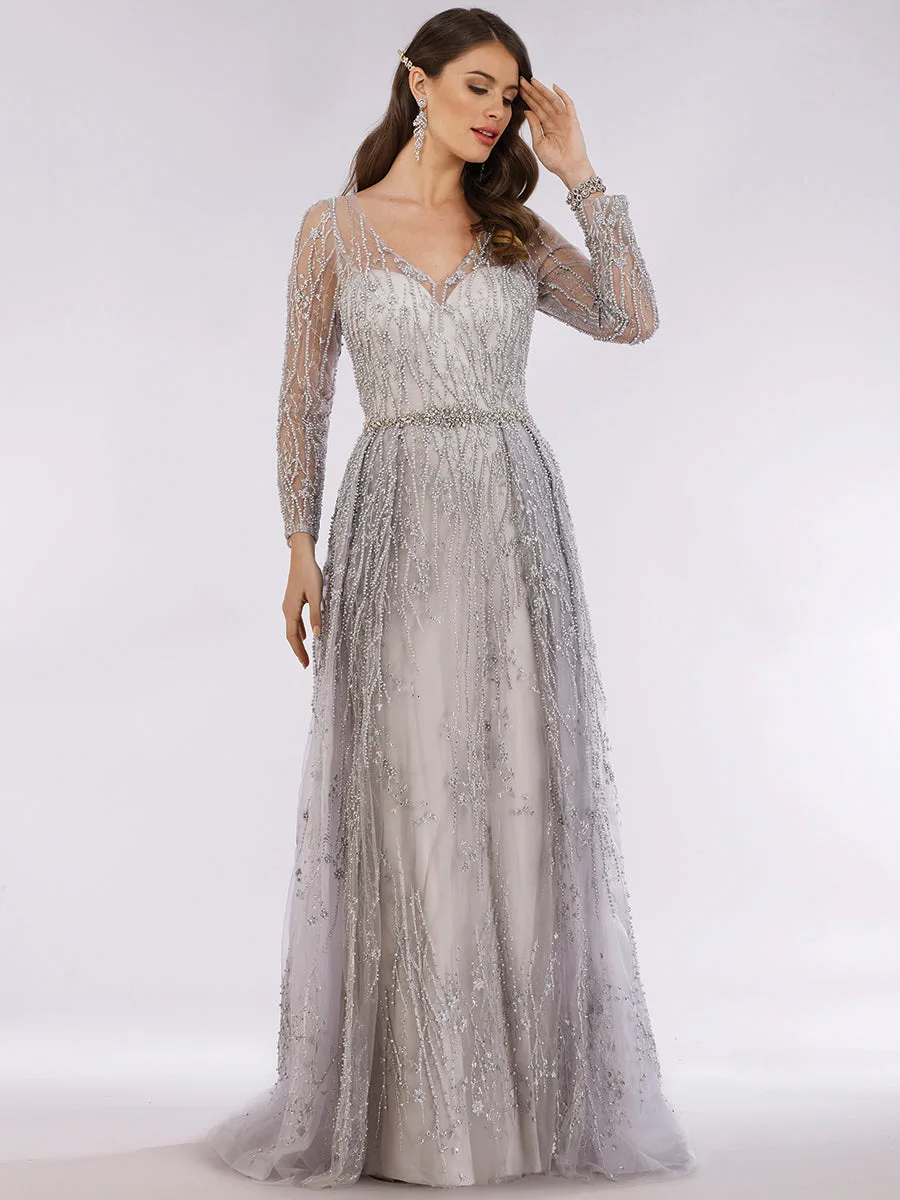Beaded Lace Overskirt Ballgown by Lara New York — style 29782 in Silver