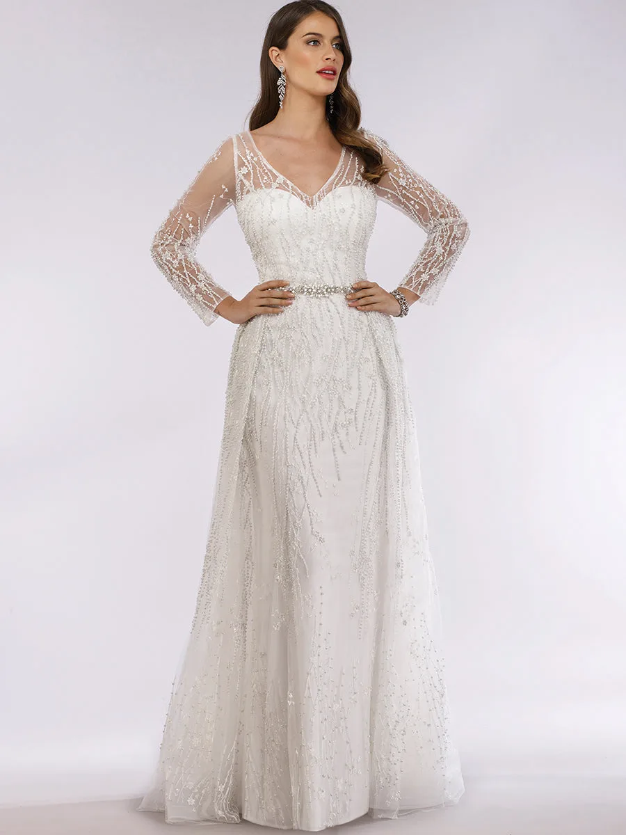 Beaded Lace Overskirt Ballgown by Lara New York — style 29782 in Ivory