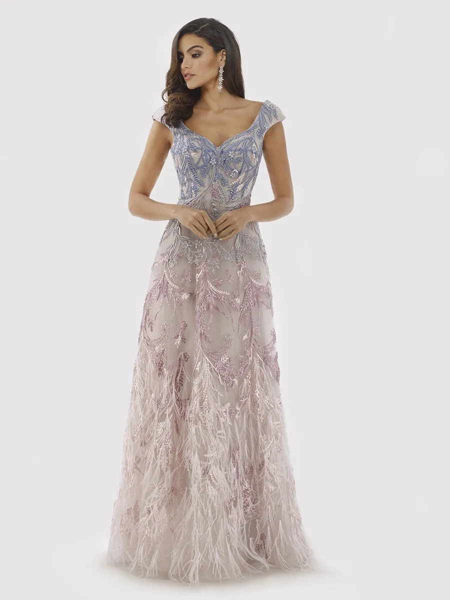 Cap Sleeves Feather Detail Ballgown by Lara New York — style 29783