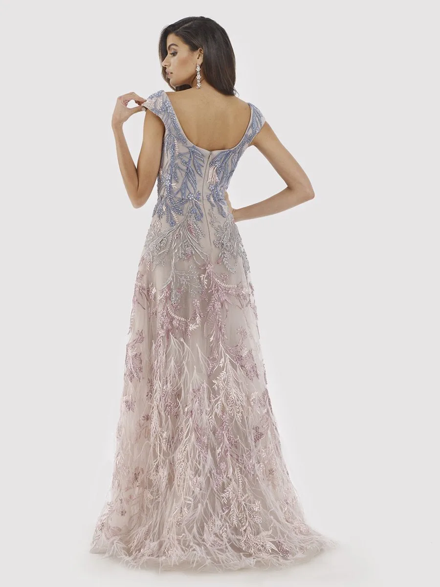 Cap Sleeves Feather Detail Ballgown by Lara New York — style 29783