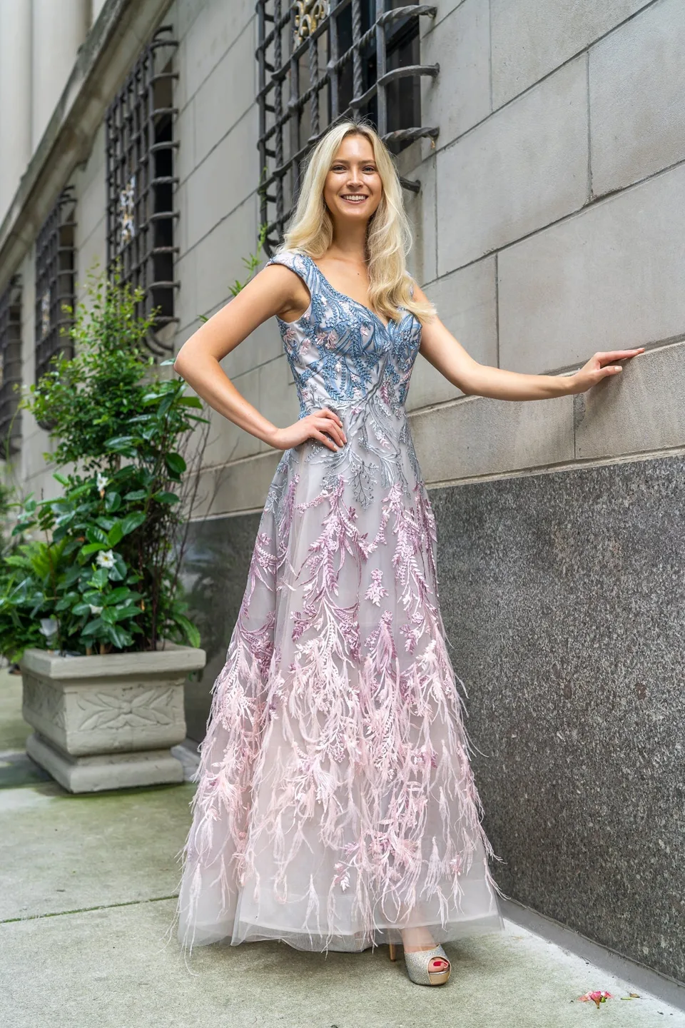 Cap Sleeves Feather Detail Ballgown by Lara New York — style 29783