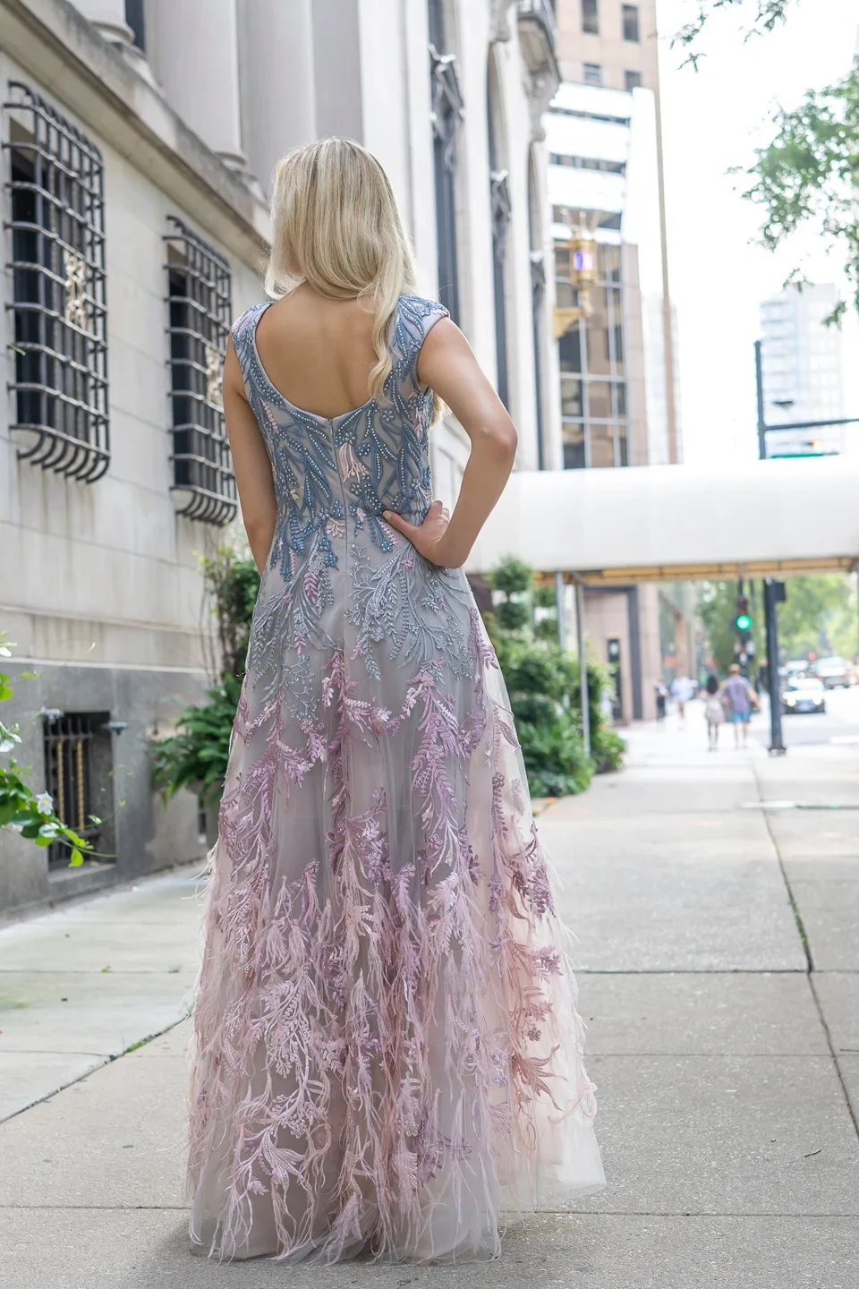 Cap Sleeves Feather Detail Ballgown by Lara New York — style 29783