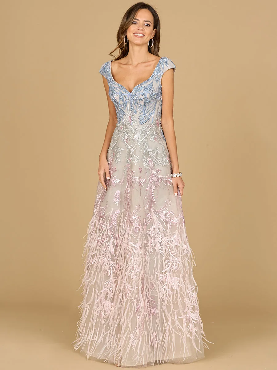 Cap Sleeves Feather Detail Ballgown by Lara New York — style 29783 in Multi