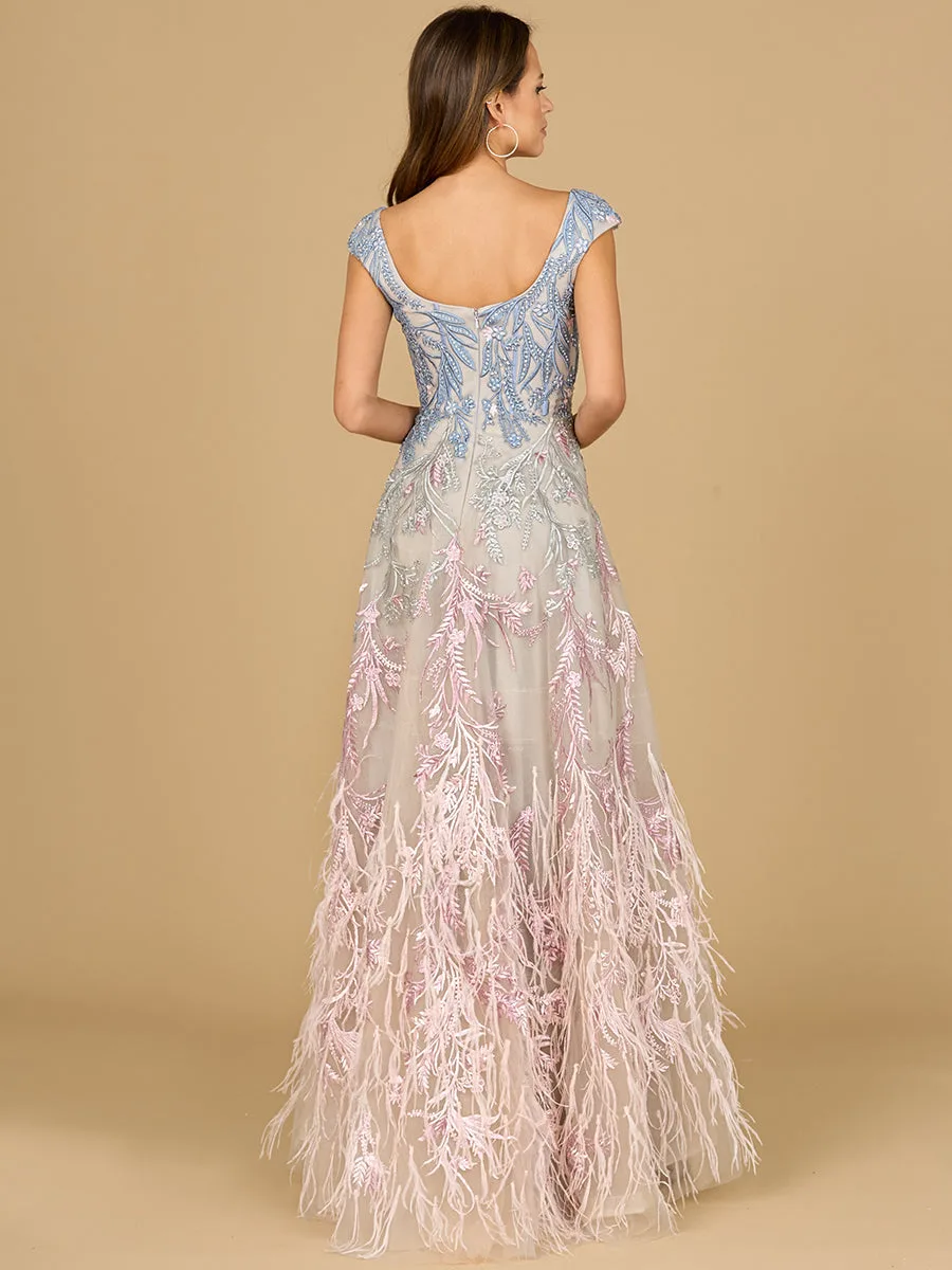 Cap Sleeves Feather Detail Ballgown by Lara New York — style 29783