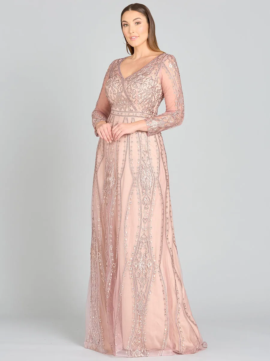 Long Illusion Sleeves, A-line Long Gown by Lara New York — style 29788