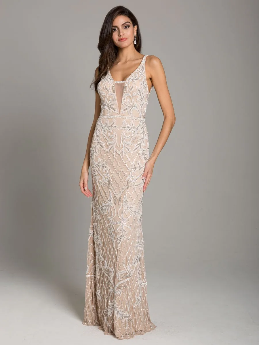 Beverly Long Beaded Low Back V Neck Sleeveless Dress by Lara New York — style 29833 in Nude/Ivory