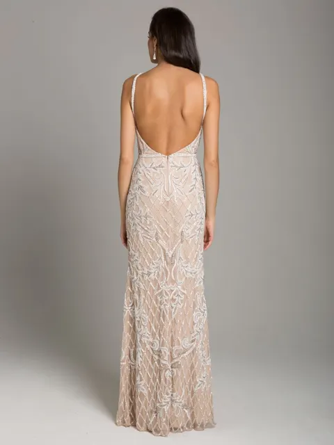 Beverly Long Beaded Low Back V Neck Sleeveless Dress