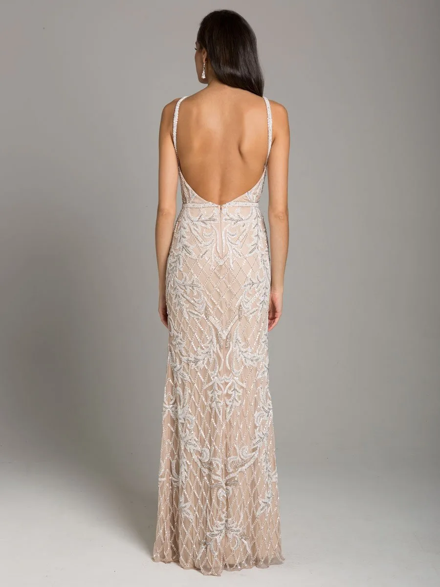 Beverly Long Beaded Low Back V Neck Sleeveless Dress by Lara New York — style 29833