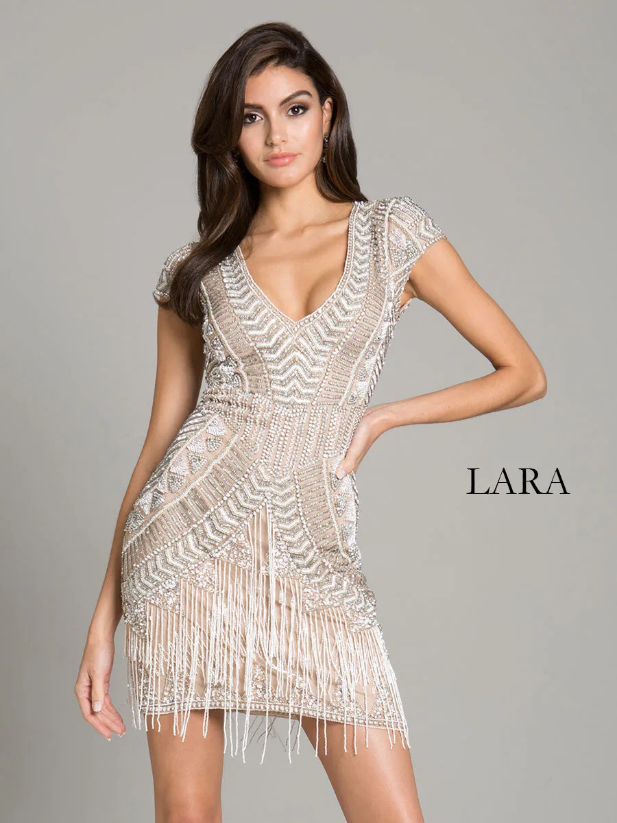 Brooklyn Beaded Fitted Short Dress with Open Back by Lara New York — style 29889