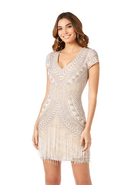 Brooklyn Beaded Fitted Short Dress with Open Back