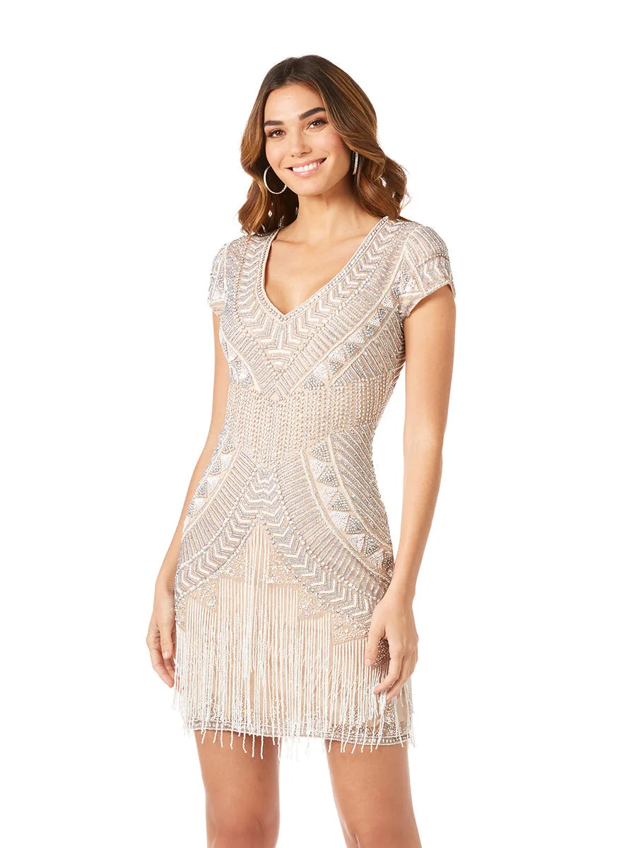 Brooklyn Beaded Fitted Short Dress with Open Back by Lara New York — style 29889