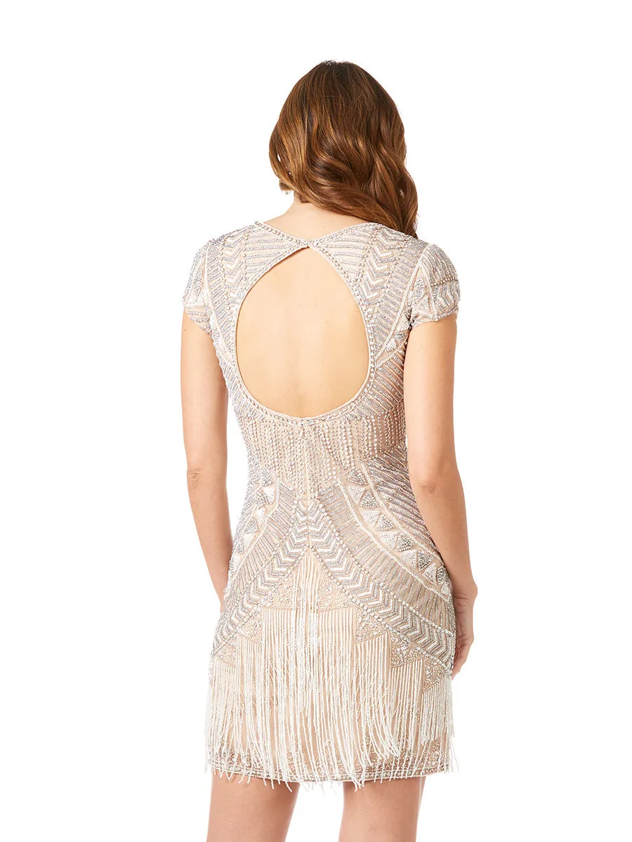 Brooklyn Beaded Fitted Short Dress with Open Back by Lara New York — style 29889