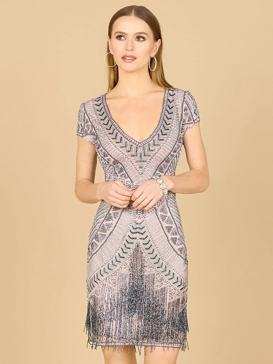Brooklyn Beaded Fitted Short Dress with Open Back by Lara New York — style 29889 in Blush