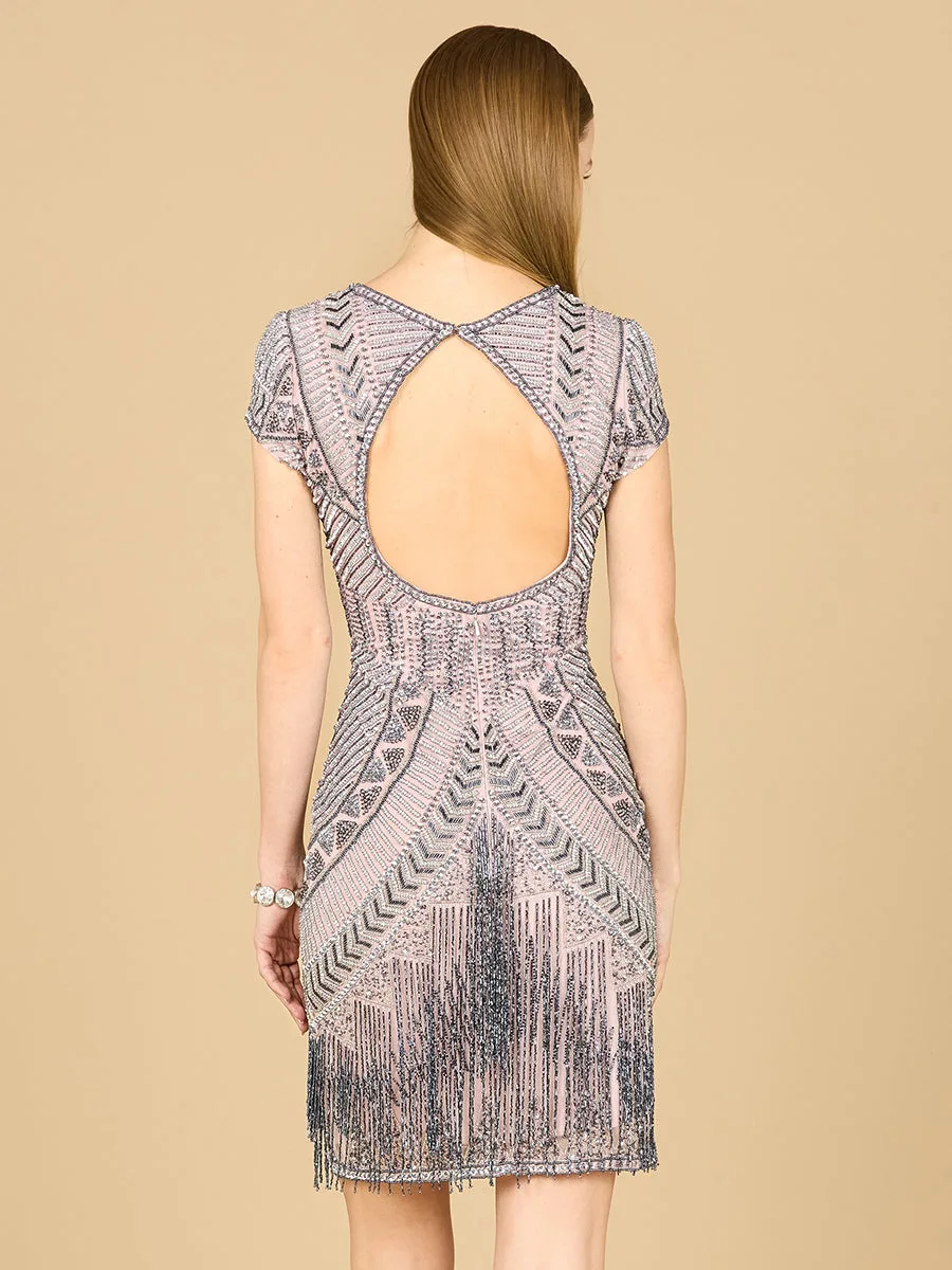 Brooklyn Beaded Fitted Short Dress with Open Back by Lara New York — style 29889