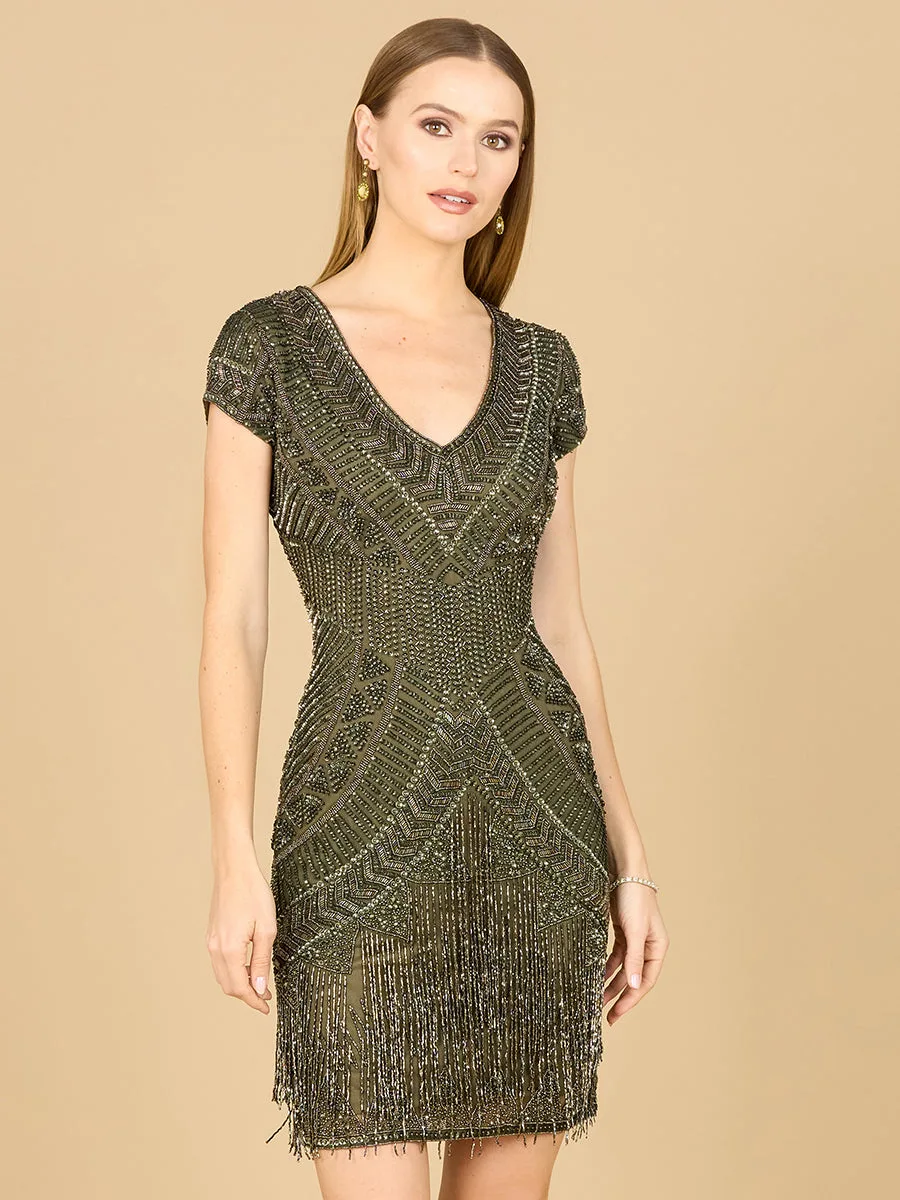 Brooklyn Beaded Fitted Short Dress with Open Back by Lara New York — style 29889 in Olive