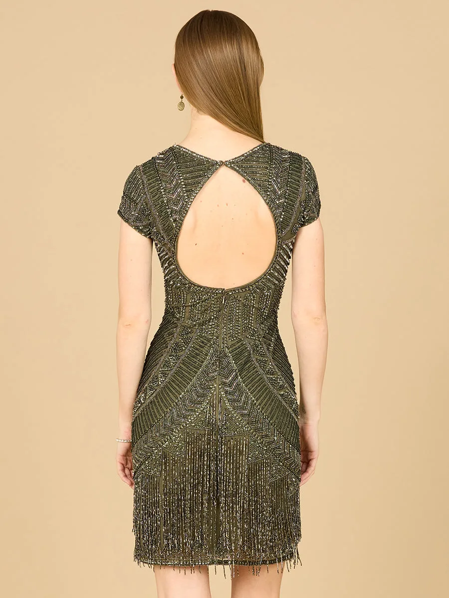 Brooklyn Beaded Fitted Short Dress with Open Back by Lara New York — style 29889