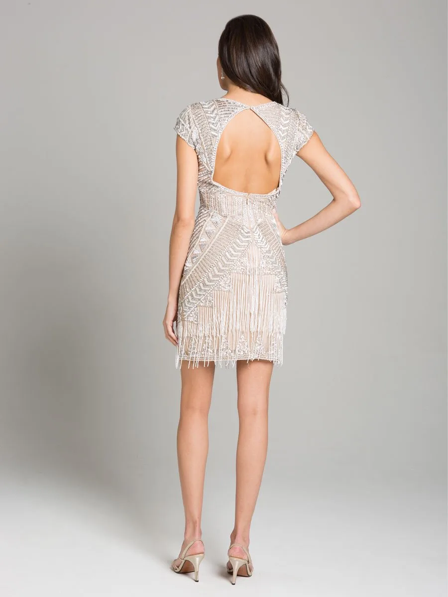 Brooklyn Beaded Fitted Short Dress with Open Back by Lara New York — style 29889