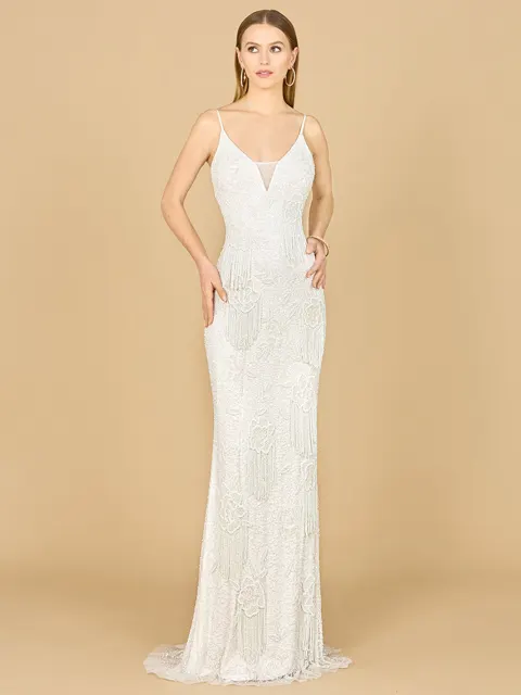Danika Floral Beaded Sheath Beaded Dress with Beaded Fringe