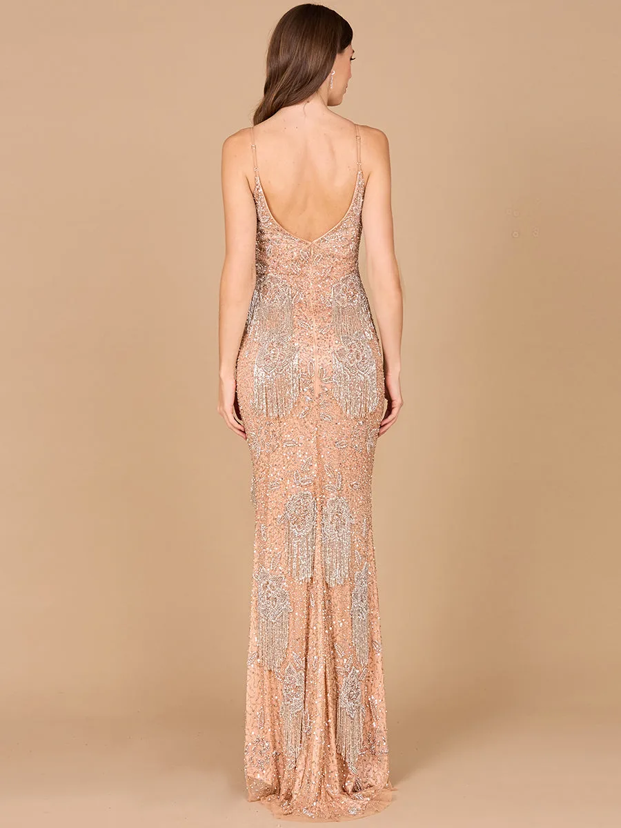 Danika Floral Beaded Sheath Beaded Dress with Beaded Fringe by Lara New York — style 29892