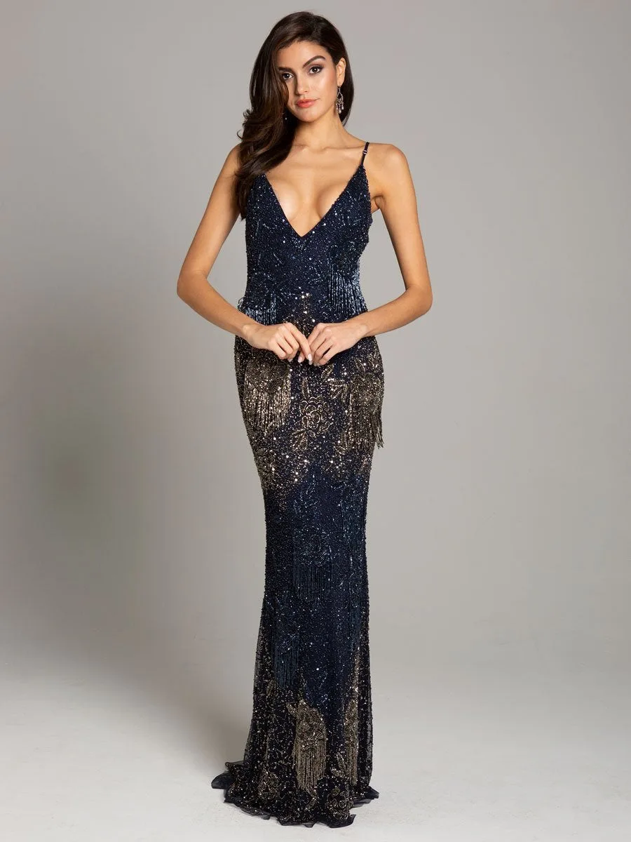 Danika Floral Beaded Sheath Beaded Dress with Beaded Fringe by Lara New York — style 29892 in Navy
