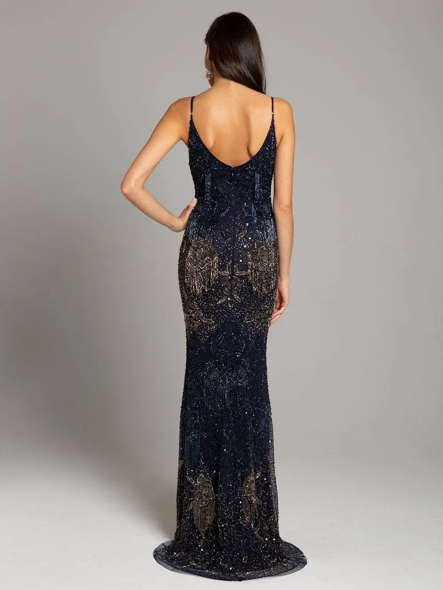 Danika Floral Beaded Sheath Beaded Dress with Beaded Fringe by Lara New York — style 29892