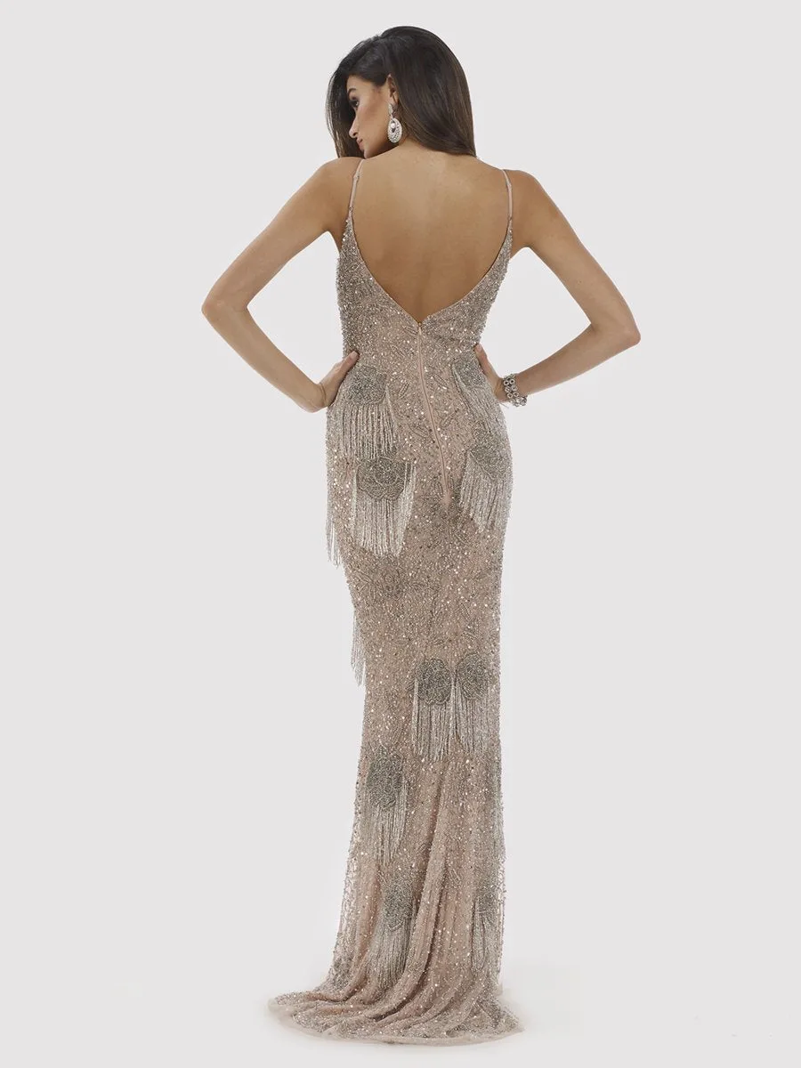 Danika Floral Beaded Sheath Beaded Dress with Beaded Fringe by Lara New York — style 29892