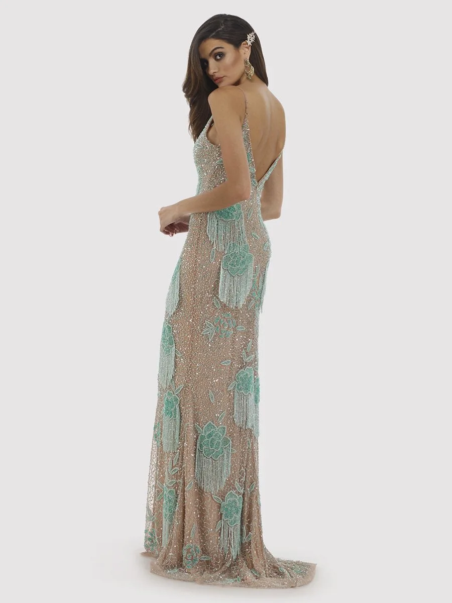 Danika Floral Beaded Sheath Beaded Dress with Beaded Fringe by Lara New York — style 29892